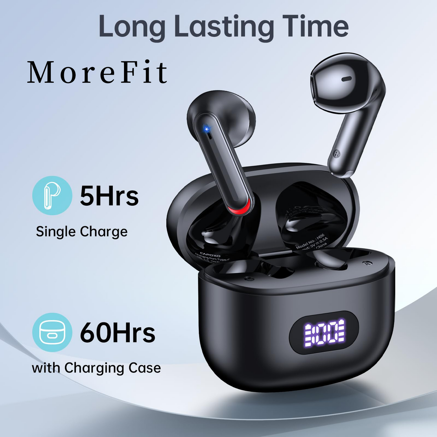 MoreFit Wireless Earbuds Bluetooth Headphones 60Hrs Playback Ear Buds IPX7 Waterproof Sports Earphones with Wireless Charging Case & LED Power Display Microphone Headset for Android Phone Laptop Black