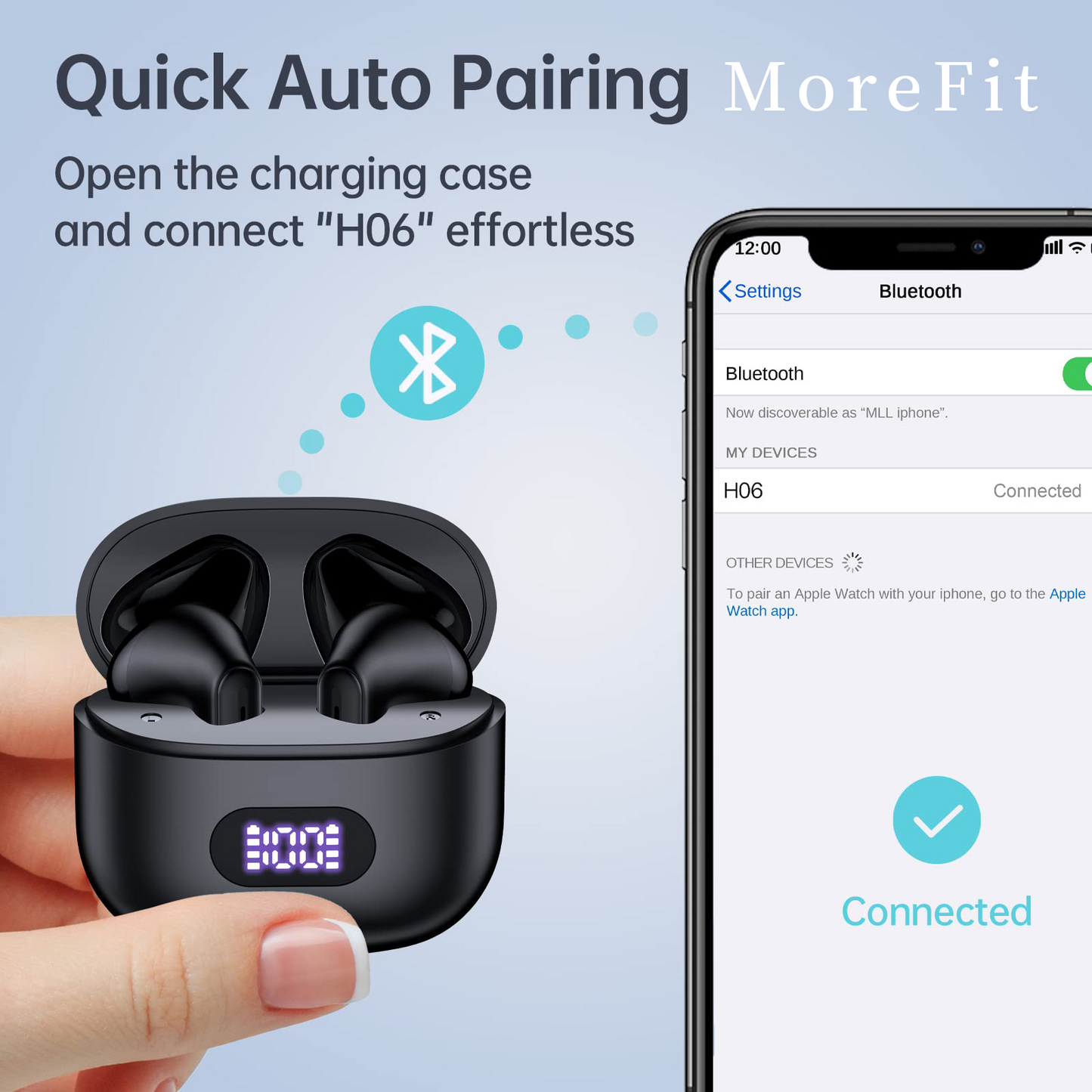 MoreFit Wireless Earbuds Bluetooth Headphones 60Hrs Playback Ear Buds IPX7 Waterproof Sports Earphones with Wireless Charging Case & LED Power Display Microphone Headset for Android Phone Laptop Black