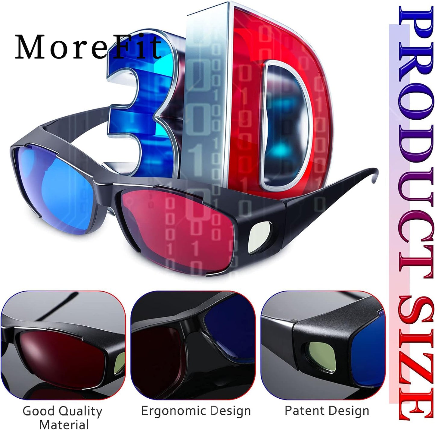 MoreFit 2 Pieces 3D Movie Game Glasses 3D Red Blue Glasses for 3D Movies Games, 3D Viewing Glasses, Light Simple Design(Black)